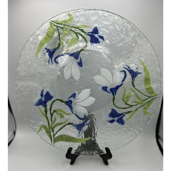 Platter Bowl Glass Japanese Iris Star Flowers Serving Dish Painted Scalloped 12" - Picture 1 of 10